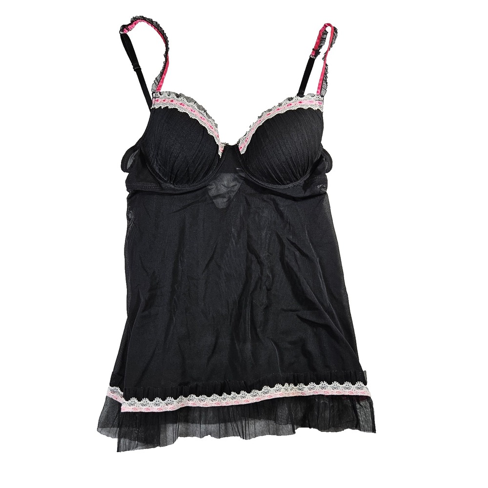 Rampage Intimates Women's Sz M Y2K Black Sheer Mesh‎ & Lace Babydoll Teddy